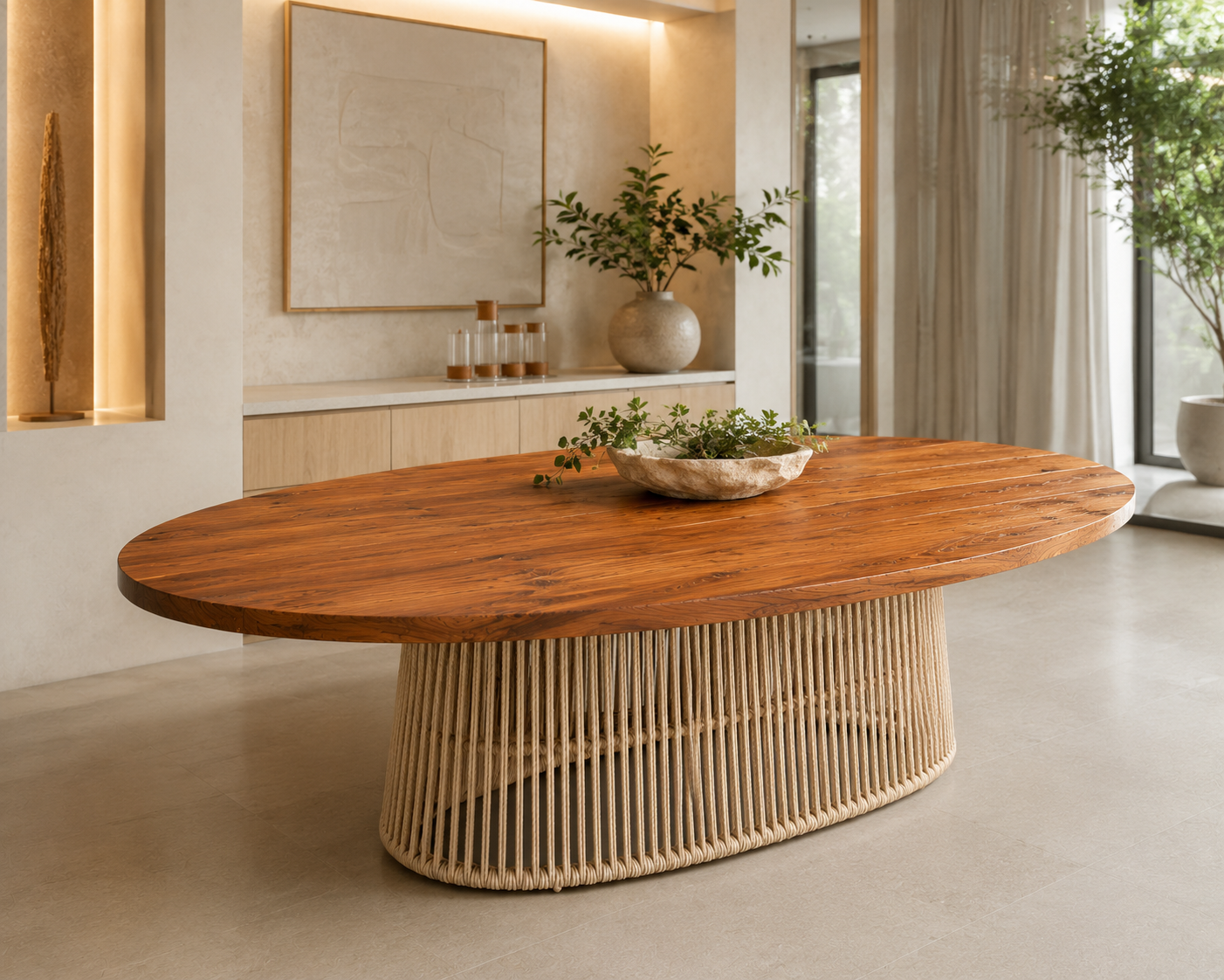 Mesa de Jantar Orgânica em Madeira Maciça Peroba com pés em Corda Náutica